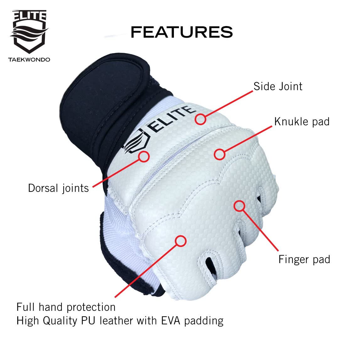 ELITE - Taekwondo Half-Finger Gloves, Protection for Training & Fights (TKD Hands Protectors for Kids & Adults) (Medium)