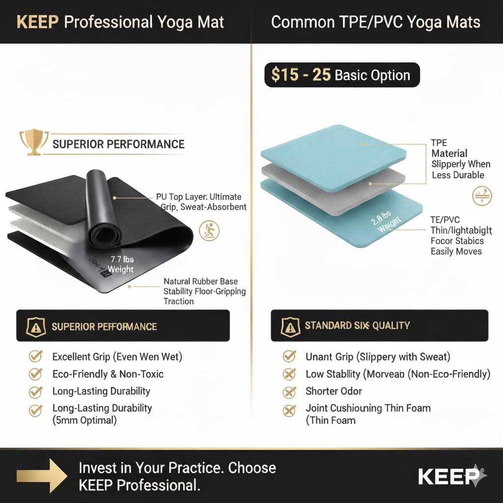 KEEP Yoga Mat Non Slip - PU & Natural Rubber Professional Exercise Mat for Women Men - 5mm Thick, 72"x26" Large Wide Heavy Duty Workout Mat for Hot Yoga, Pilates, Home Gym - Strap Included, Black