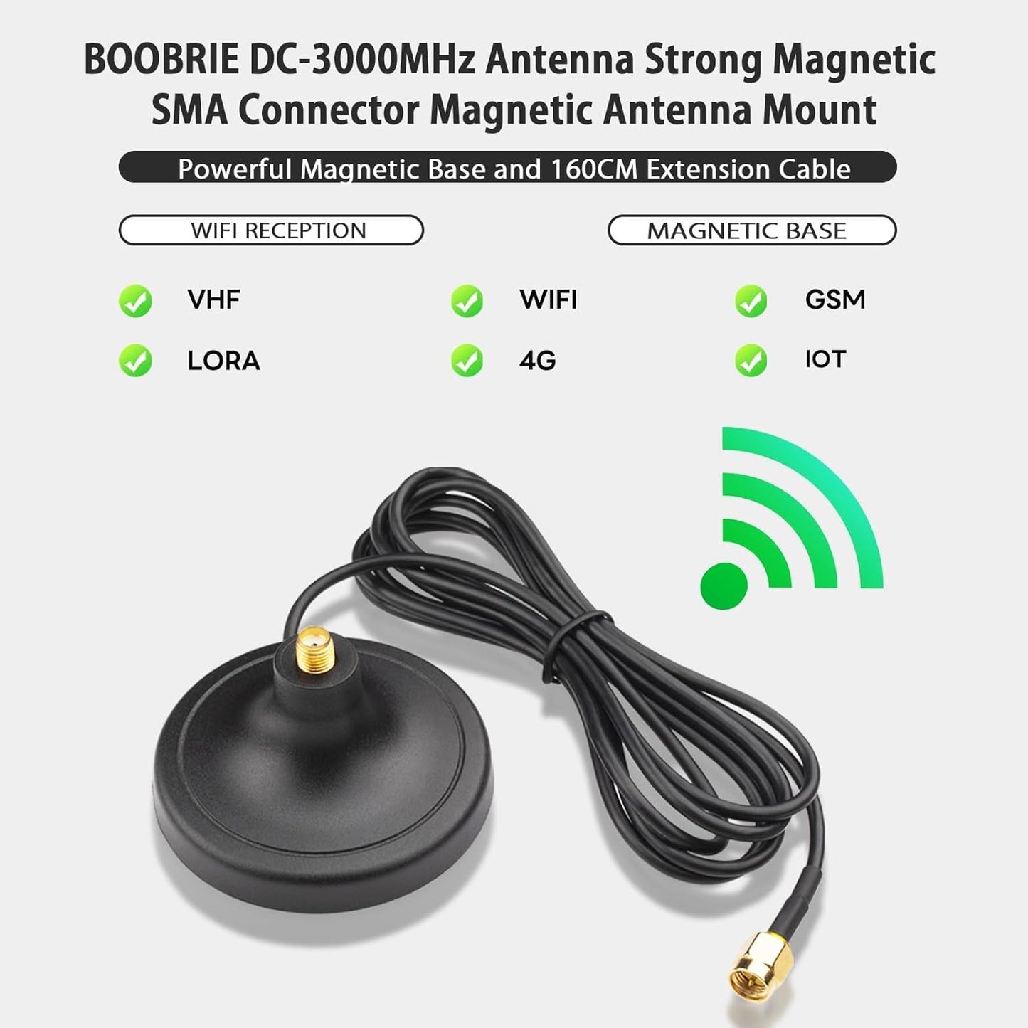 Boobrie 0-3000MHz 5.2ft 4G DC SMA Female Magnetic Antenna Base with SMA Male Connector WiFi Antenna Extension Coaxial