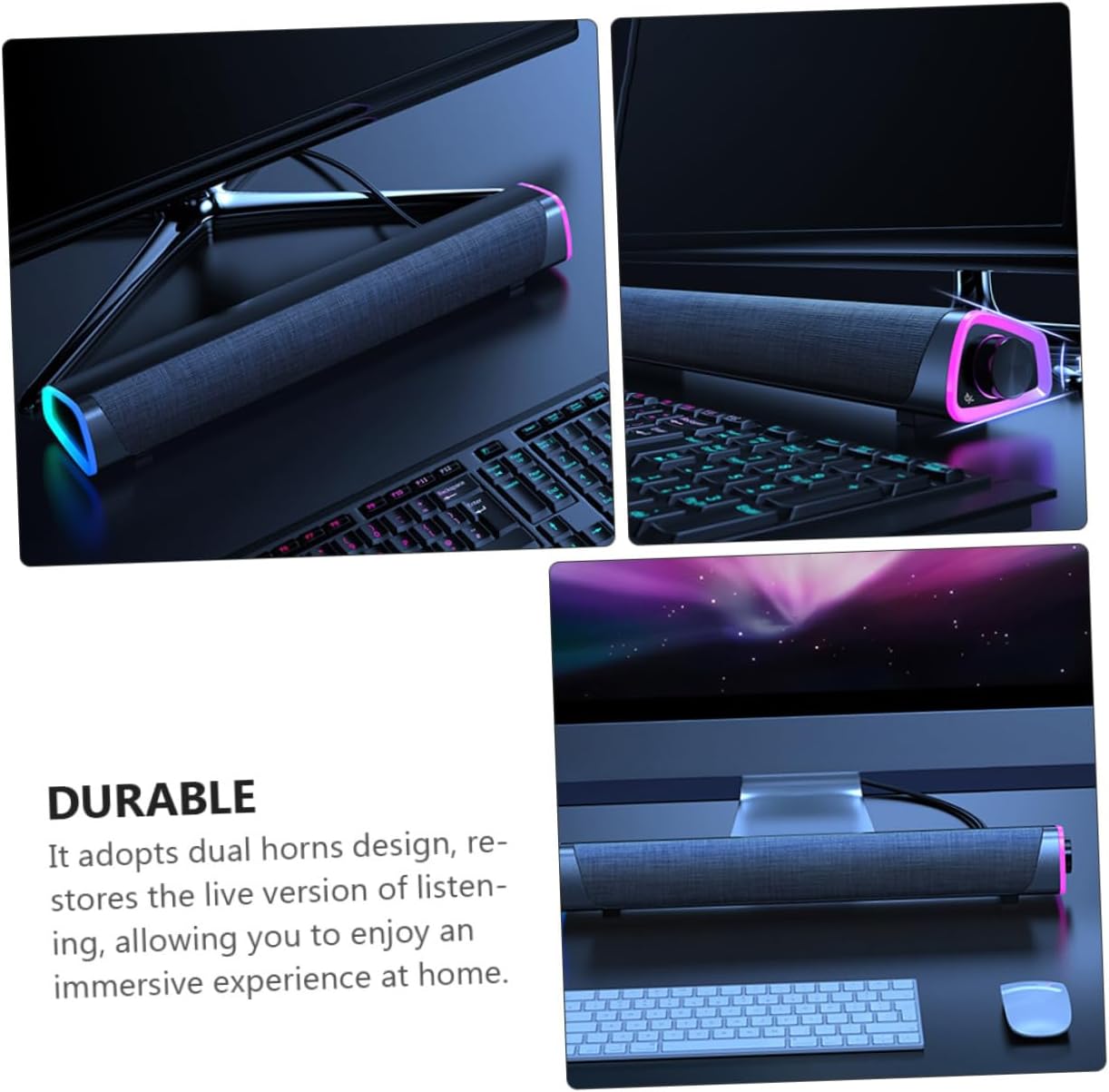 Gatuida 3D Wired Soundbar Speakers for Desktop Black Surround Sound Audio System Dual Drivers USB Powered Compatible