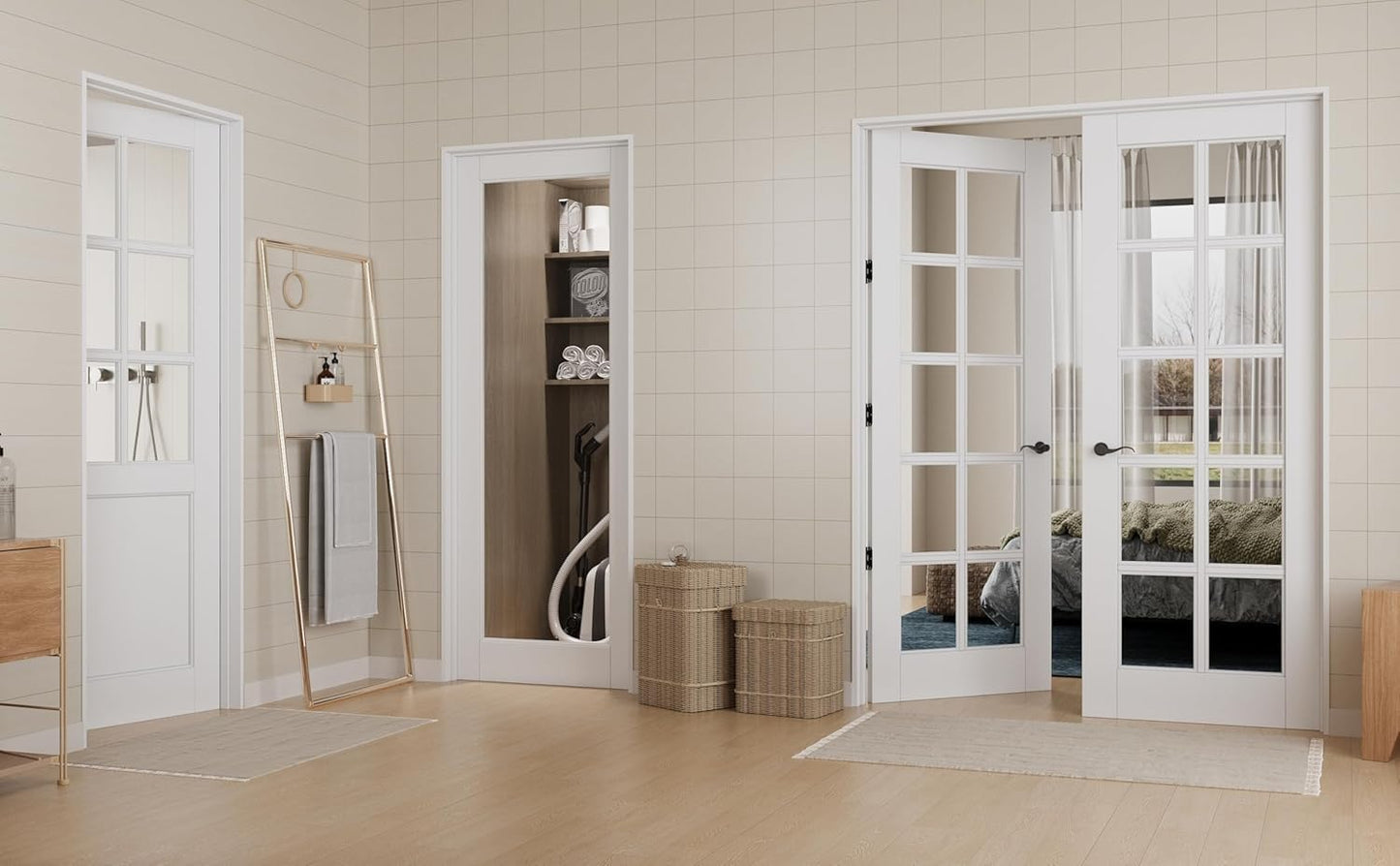 30" x 80" Clear Glass Slab Door, Half Lite Glass French Door Interior, Pre-Finished Paintable Single Panel for Living Room Pantry Laundry Closet Doors as Prehung, Pocket, Bifold Barn Doors