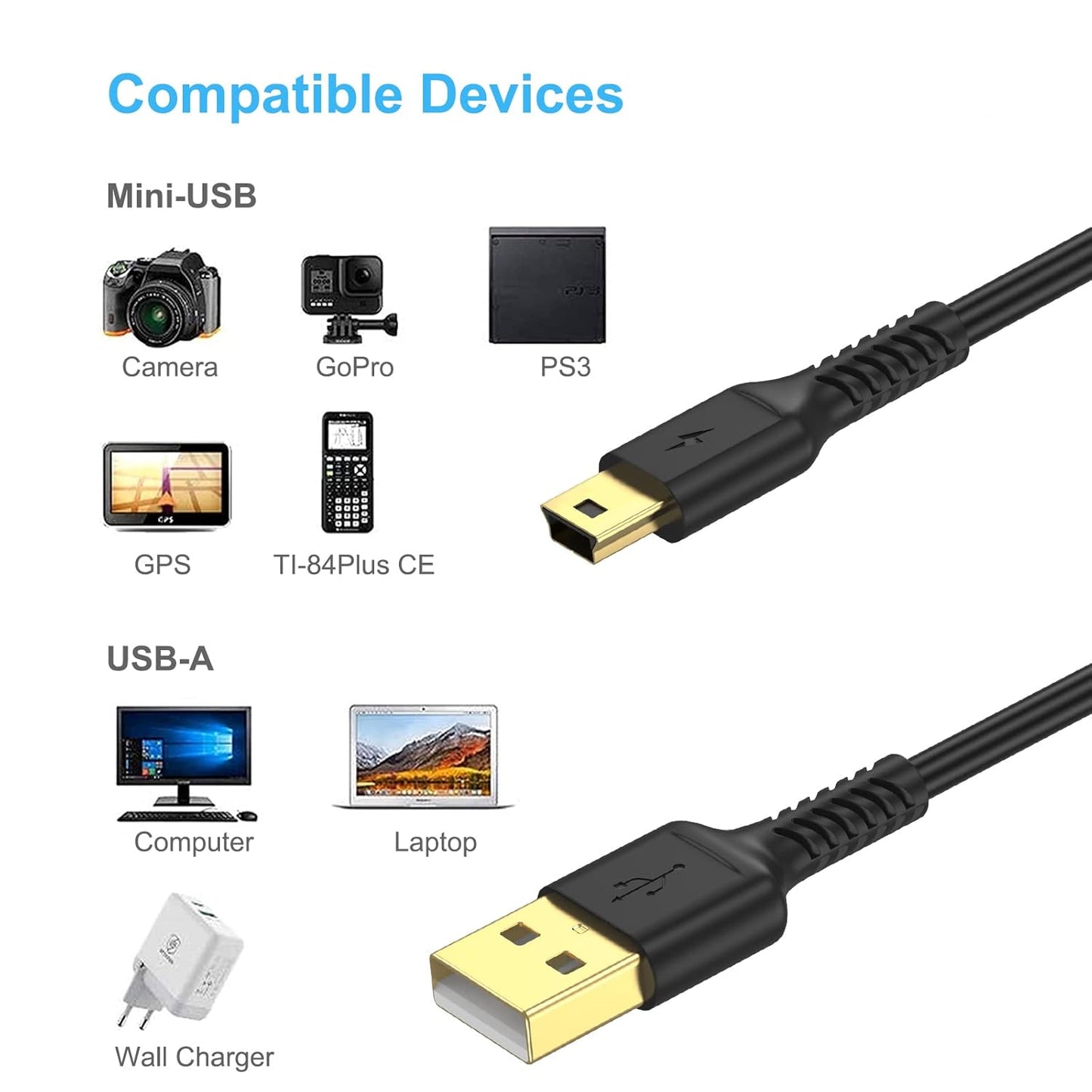 ULIFTUS 10FT 2.0 PS3 MP3 3+(Black) Mini USB Cable, Standard USB to USB Mini B Charging Cord Durable Controller Cable