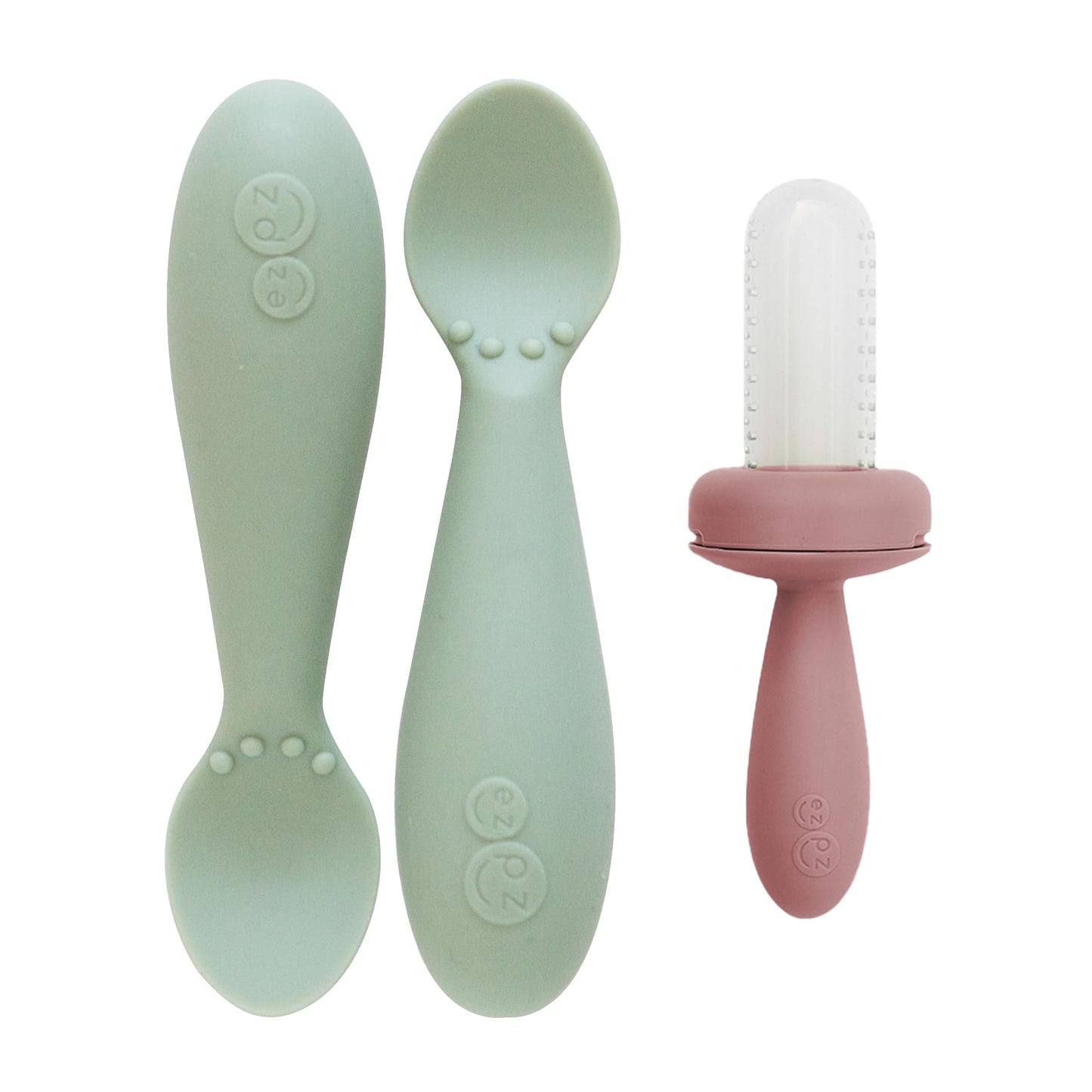 ezpz Baby Feeding Bundle – Tiny Spoon (2-Pack, Sage) + Gumline Feeder (Sage) – 100% Silicone Baby-Led Weaning Set for 4–6+ Months – Infant Feeding Essentials