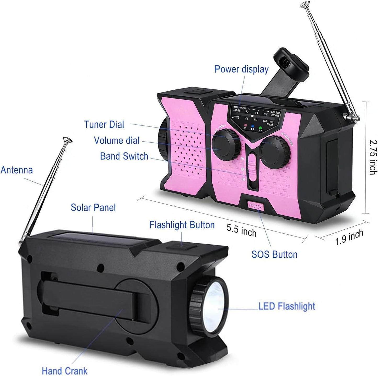 Walfront Emergency Weather Radio AM FM WB Rechargeable Solar Hand Crank Power Bank with LED Flashlight for Outdoor