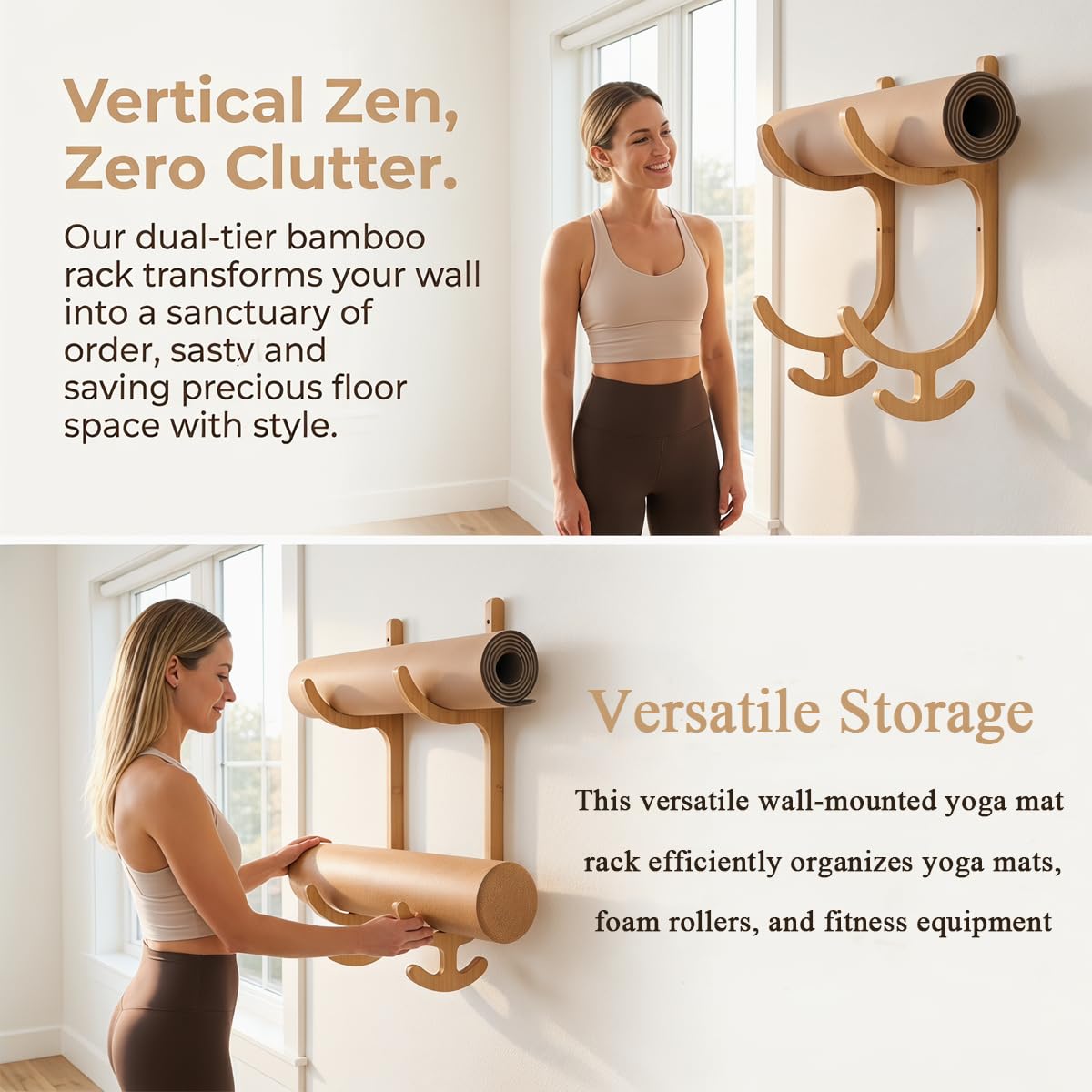 Cococheers Wooden Yoga Mat Holder Wall Mount with Hooks, Yoga Mat Rack for Mats, Resistance Bands, Jump Ropes, Space Saving Storage for Home Gym, Studio, Apartment, Wood Grain, 16.2x9.9 Inches