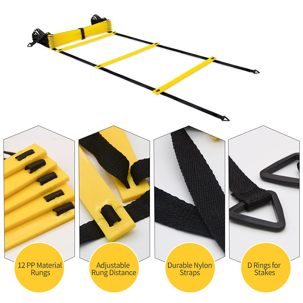 RUBY.Q 4 Pack 12 Rungs Agility Ladder Set, 20ft Speed Training Ladder with Steel Stakes and Carry Bag for Soccer, Speed Fitness Feet Training