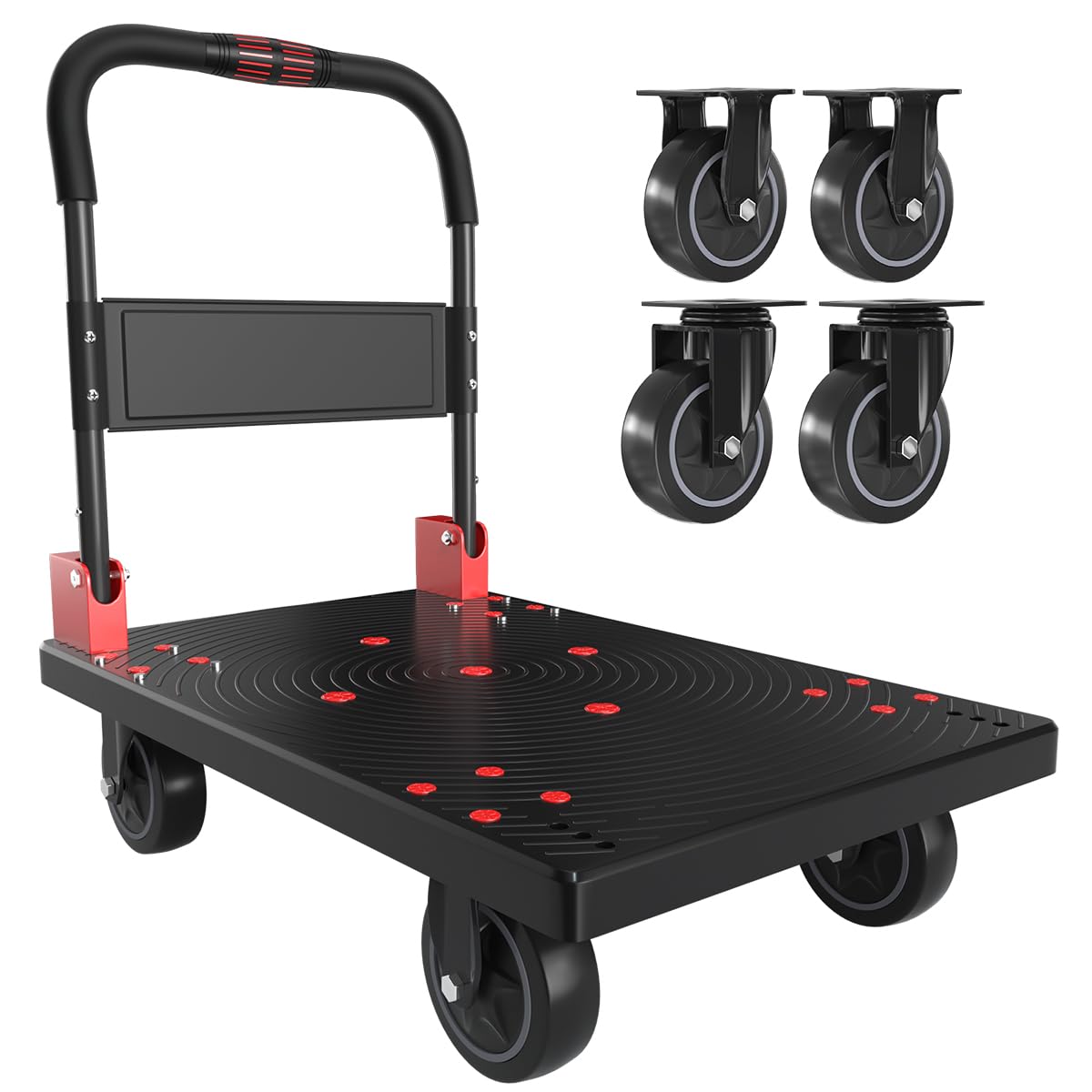 WUD Heavy-Duty Folding Platform Cart – Reinforced 35.4″ × 23.6″, 1323 lb Capacity, 360° Swivel Wheels, Black