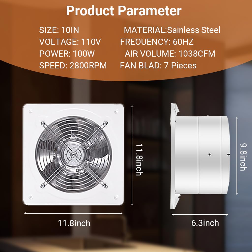10" Kitchen Exhaust Fan with Variable Speed Controller, 1038CFM Wall Mount Ventilation Fans, Metal Attic Exhaust Fan, Small Fume Extractor Ventilation Fan for Kitchen Bathroom Shop Smoking Room Garage