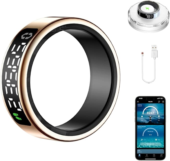 Smart Health Ring with Screen,for Women Men Fitness Tracker with Heart Rate, Blood Oxygen, HRV, Sleep Monitoring, Step Counting, IP68 for iPhone and Android, No Subscription Fee (Gold, 9#)