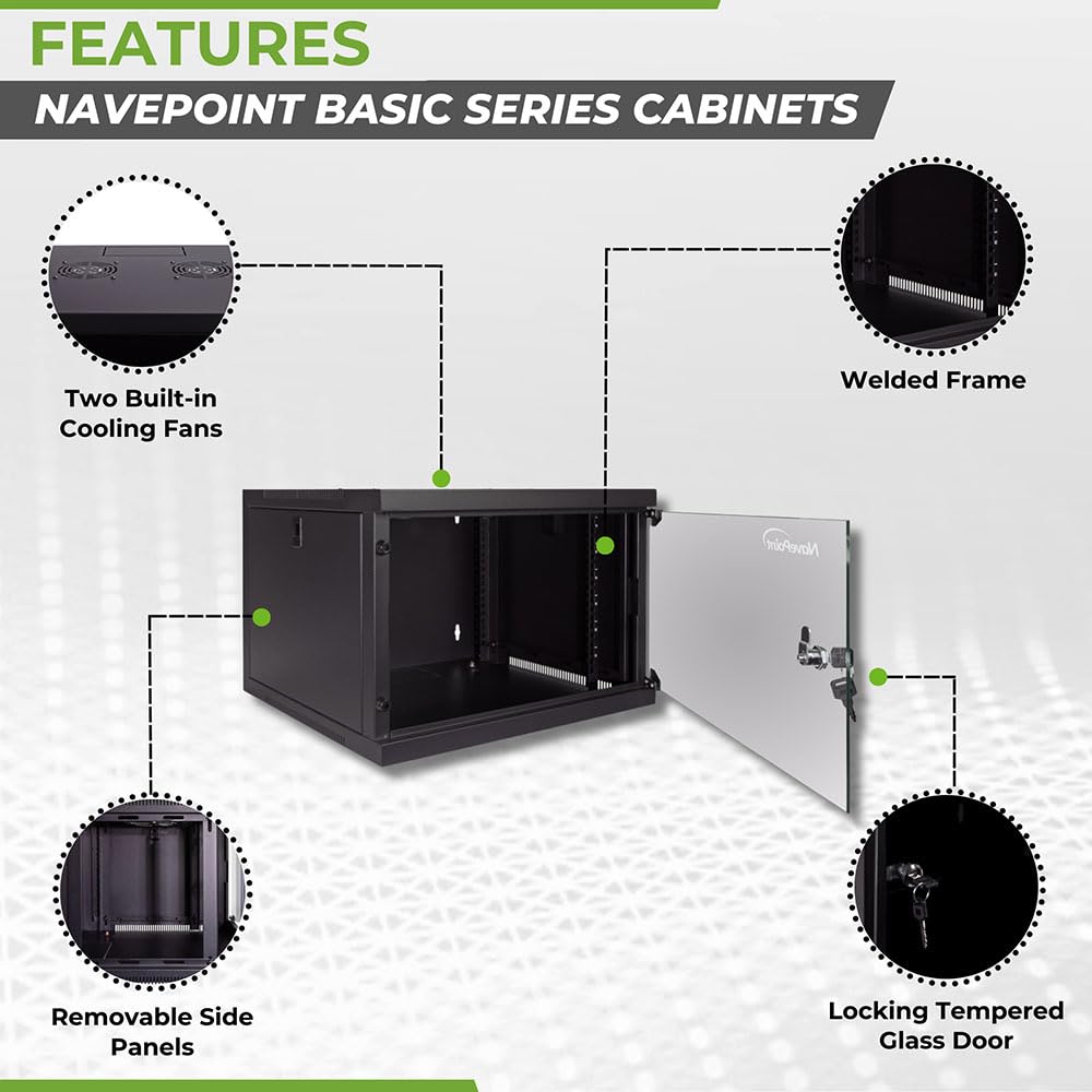 NavePoint 6U Wall Mount Network Cabinet for 19” IT Equipment with Lockable Glass Door & Removable Side Panels, 2 Fans, 17.7” Deep, Pre-Assembled