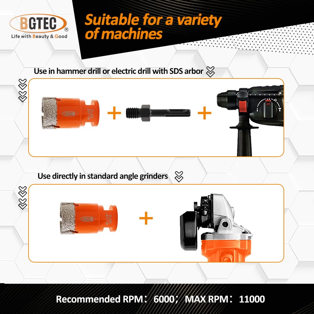 BGTEC Dry Diamond Drill Bits Set 10PCS 6mm and 12pcs 6/6/8/20/25/35/50/75/100mm for Porcelain Tile Marble Granite
