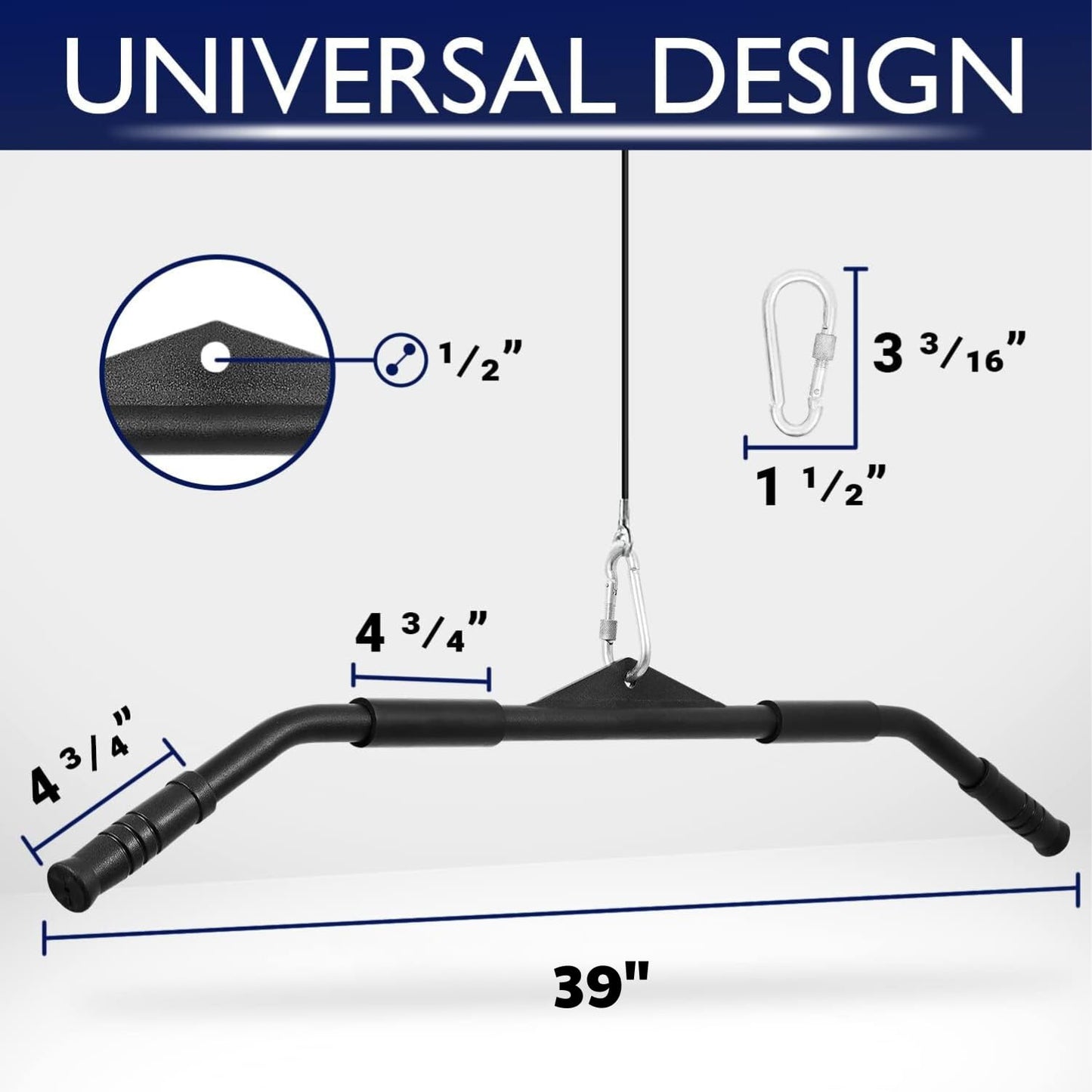 Yes4All Curl LAT Pull Down Bar 39" - Wide Grip with Rubber Handles, Press Down Bar Cable Attachment, Tricep Press Down Attachment for Row Machine & Cable Machine