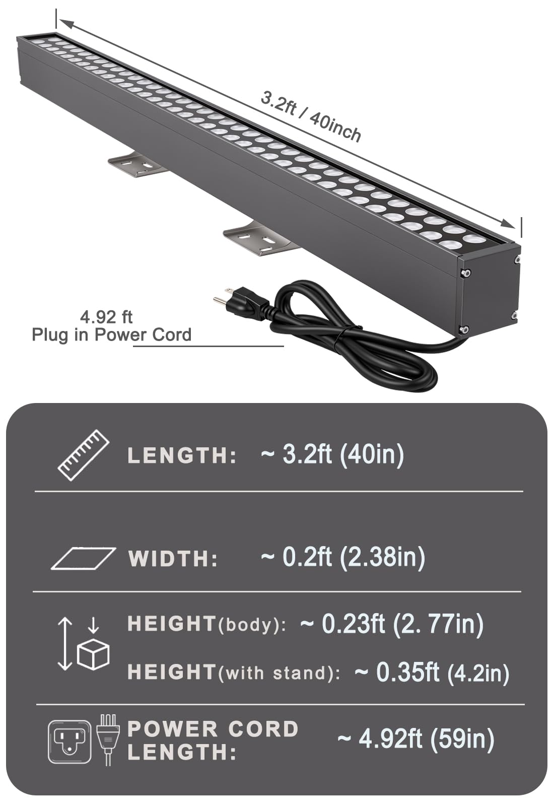 72W LED Wall Washer Lights- 40″ 8000LM 5000K Daylight White Linear Lights- IP65 Waterproof Outdoor Wall Washing Light- 120V Plug in LED Light Bar for Wall, Billboard, Commercial & Indoor Lighting