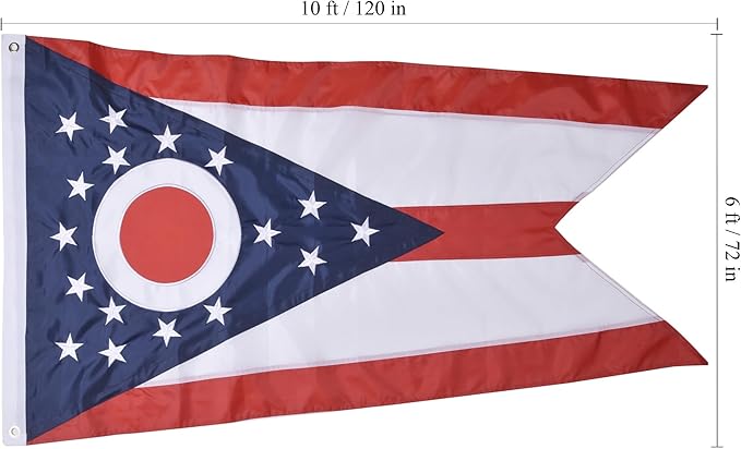 Ohio State Flag 6x10 Ft, Deluxe Full Embroidered Heavy Duty 100% Polyester Durable OH Outside Flags, Indoor/Outdoor, Sewn Stripes and Brass Grommets