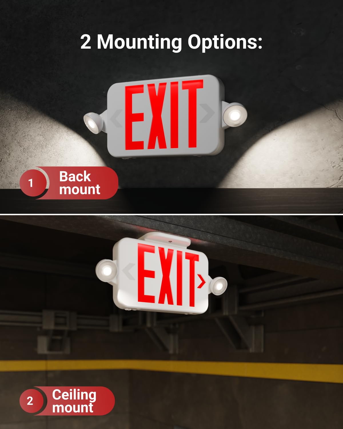 Sunco 6 Pack LED Exit Sign With Emergency Lights, Red, Two Mini Adjustable Lights, 94V-0 Fire Resistant, Backup Battery, 2.3W 6000K Daylight Deluxe, 200 Lumens 120-277V, Wall Or Ceiling Mount UL