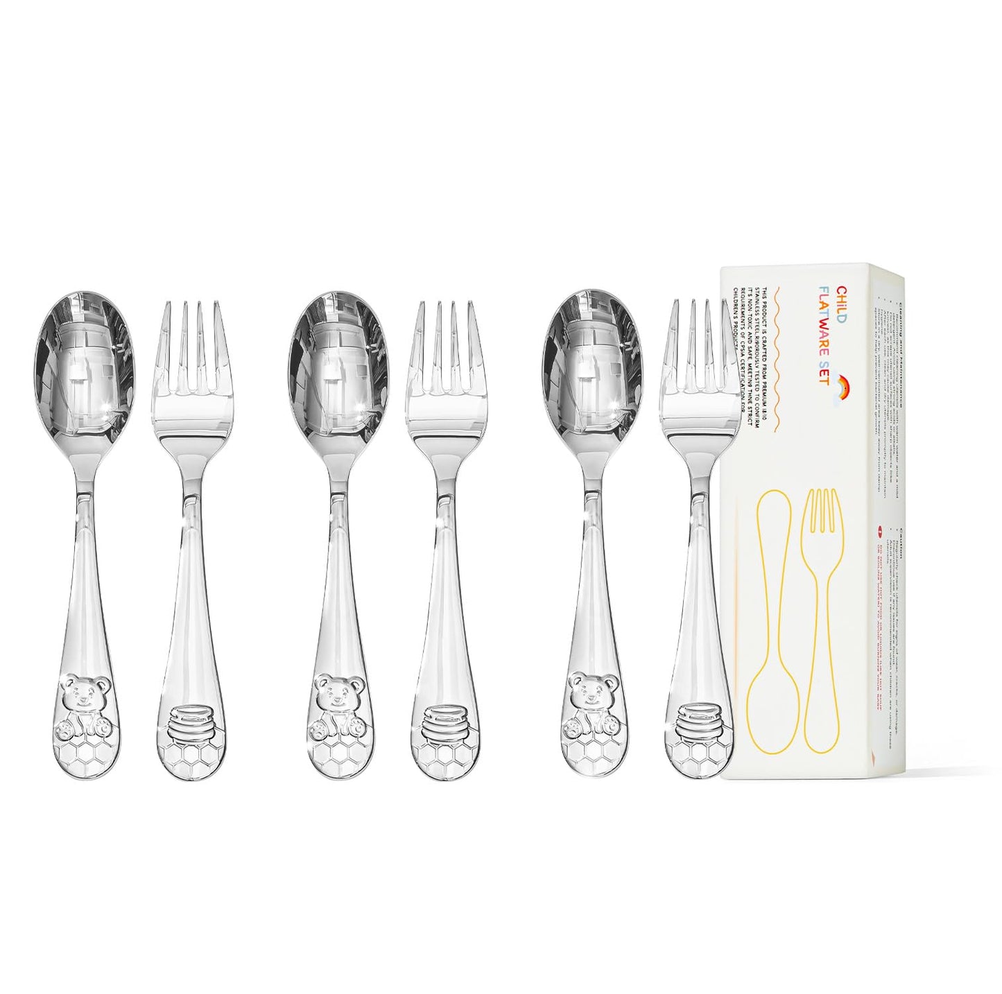 KINGSTONE Kids Silverware Set, 6-Piece Large Forks & Spoons, 18/10 Stainless Steel, Ergonomic Flatware for Self-Feeding Children, Home & Travel, Honey Bear Print