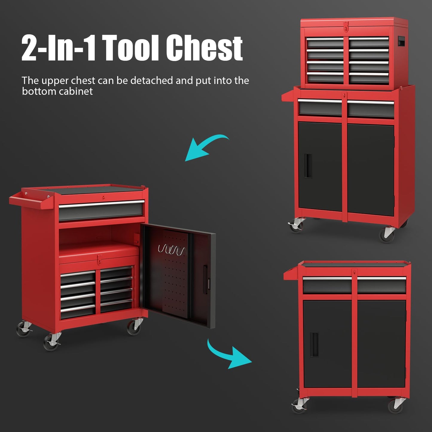 Goplus Tool Chest, 5-Drawer Rolling Tool Storage Cabinet with Detachable Top Tool Box, Liner, Universal Lockable Wheels, Adjustable Shelf, Locking Mechanism, Metal Tool Cart for Garage Workshop