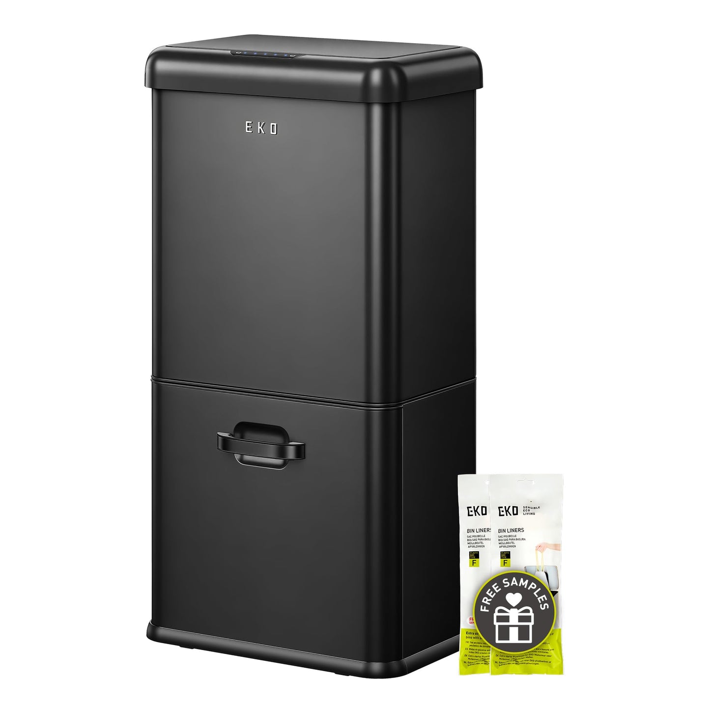 EKO Vintage 50L / 13.2 Gallon Motion Sensor Trash Can, Dual Compartment 32L + 18L Stainless Steel Kitchen Garbage Bin, Touchless Automatic Waste & Recycling Bin with Lid for Home Office, Matte Black