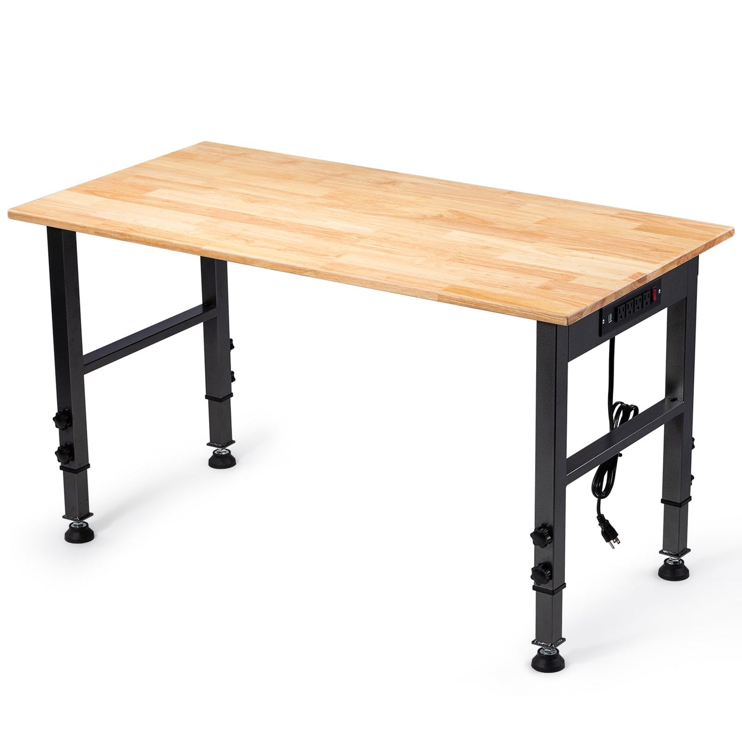 48" Height Adjustable Workbench, 2000 LBS Load Capacity Rubber Wood Top Workstation with Power Outlet and Foot Pads, Heavy-Duty Hardwood Worktable for Garage Workshop (with Foot Pads and Socket,48'')