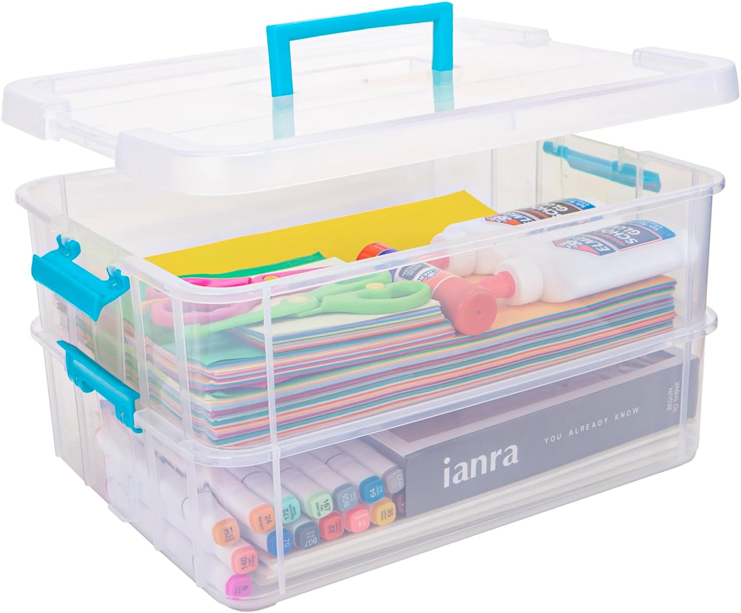 TERGOO Clear Plastic Storage Containers - 2 Layer Stackable Boxes for Crafts, Makeup & Sewing (Blue)