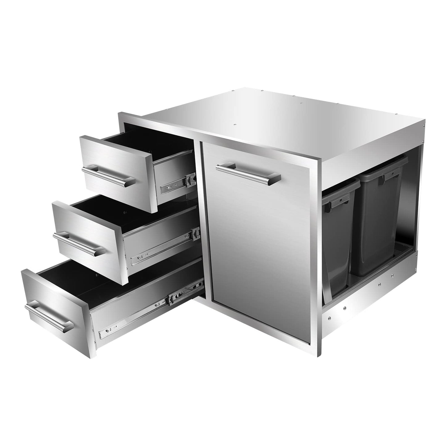 Outdoor Kitchen Drawer Combo, BBQ Access Trash Drawer Combo with Triple Stainless Steel Drawers(Left), Outdoor Kitchen for BBQ Island, Grilling Station, Outside Cabinet (28" W x 19.6“D x 20.1" H)
