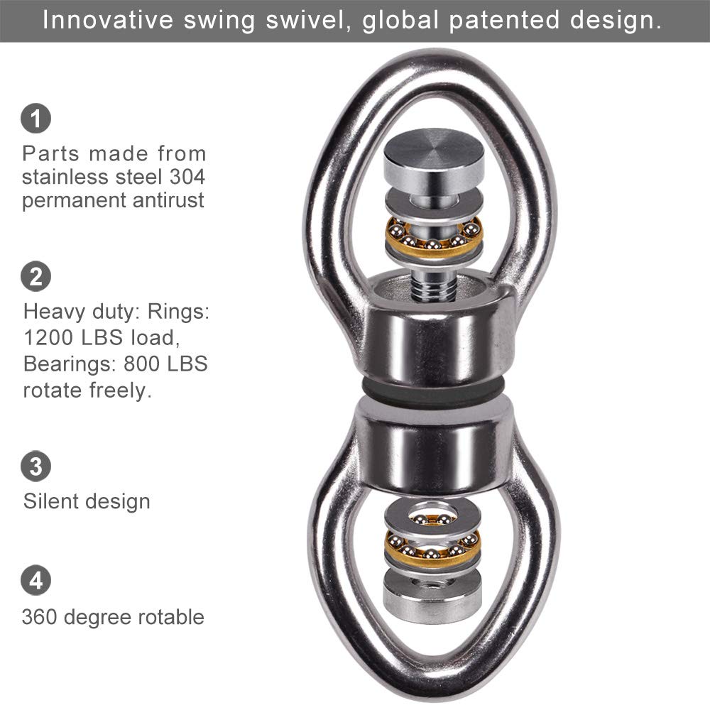SELEWARE Silent Bearing Swing Swivel with 2 Carabiners, 360° Rotational Device Hanging Accessory for Tree Swing, Hammock Chair, Yoga,1200LB Capacity