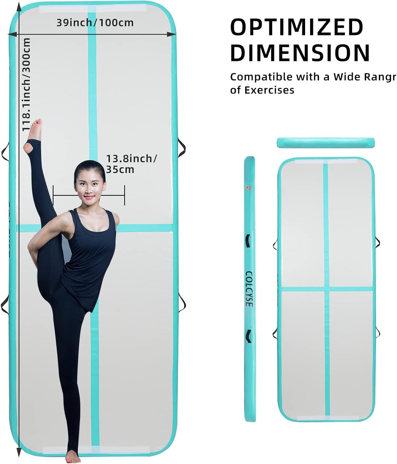 Agilepeak Inflatable Gymnastics Tumbling Mat, 4/8 Inch Thick 10/13/16/20/23FT Training Mat with Electric Air Pump, Non-Slip Waterproof PVC for Home Gym Outdoor Cheerleading Yoga Taekwondo (Mint Green, 10ft*3.3ft*4in(3*1*0.1M))