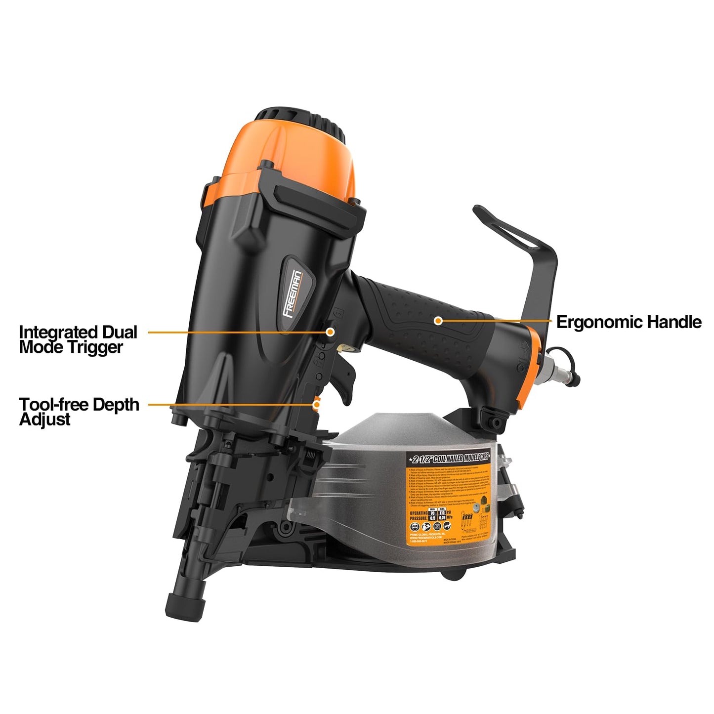 Freeman Pneumatic 15 Degree 2-1/2" Coil Siding Nailer with Adjustable Metal Belt Hook | PCN65