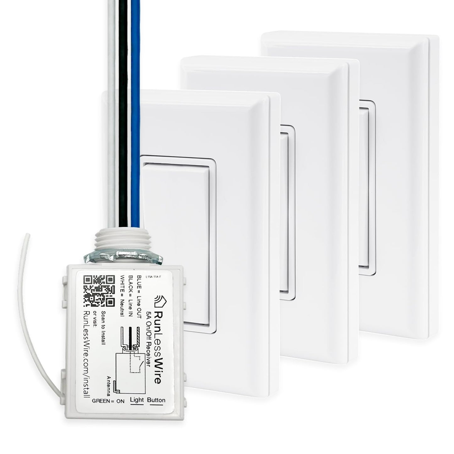 RunLessWire 4-Way Battery-Free DIY Wireless Light Switch Kit 150ft RF Range Self-Powered by Kinetic Energy for Hallways & Stairways: 3 Remote Switches Control 1 5A On/Off Receiver White