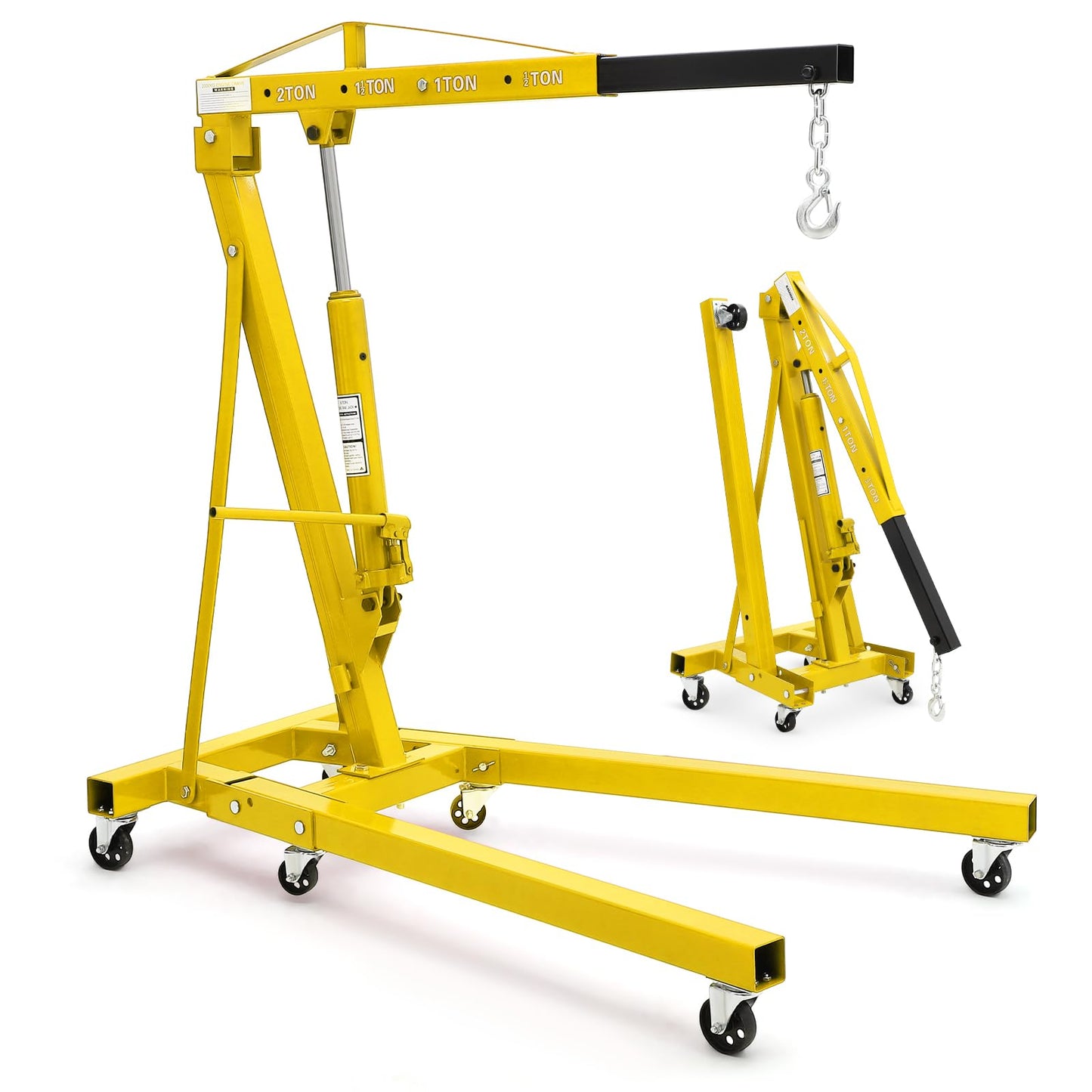 Garvee 2-Ton Folding Engine Hoist Cherry Picker 4400 Lb Capacity Hydraulic Shop Crane with Telescoping Boom 6 Caster Wheels for Automotive Repair Garage Use Includes Hitch and Storage Stand Yellow