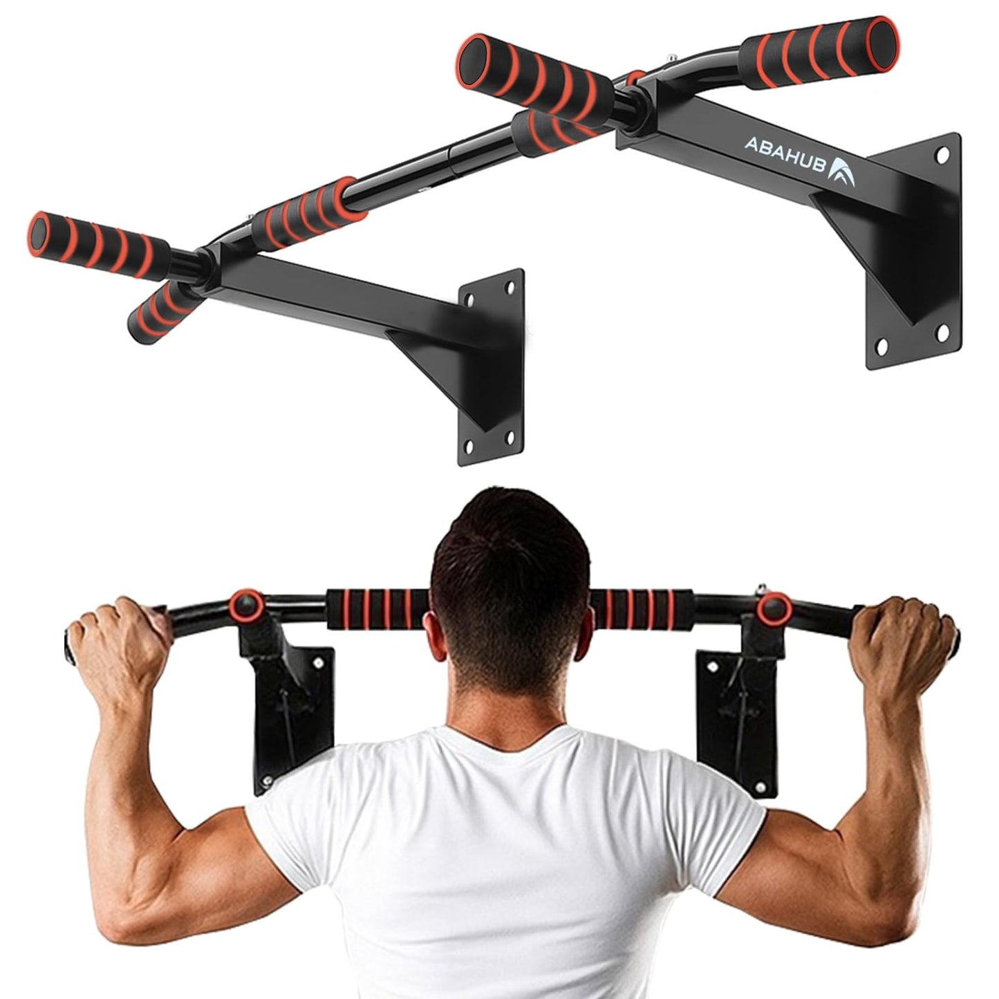 Abahub Wall Mounted Pull Up Bar, Multi-Grip Chin-Up Bar for Home Gym Workout, Drill-installed, Heavy-Duty & Stable Training Bar with 440lbs Capacity, Black-Orange