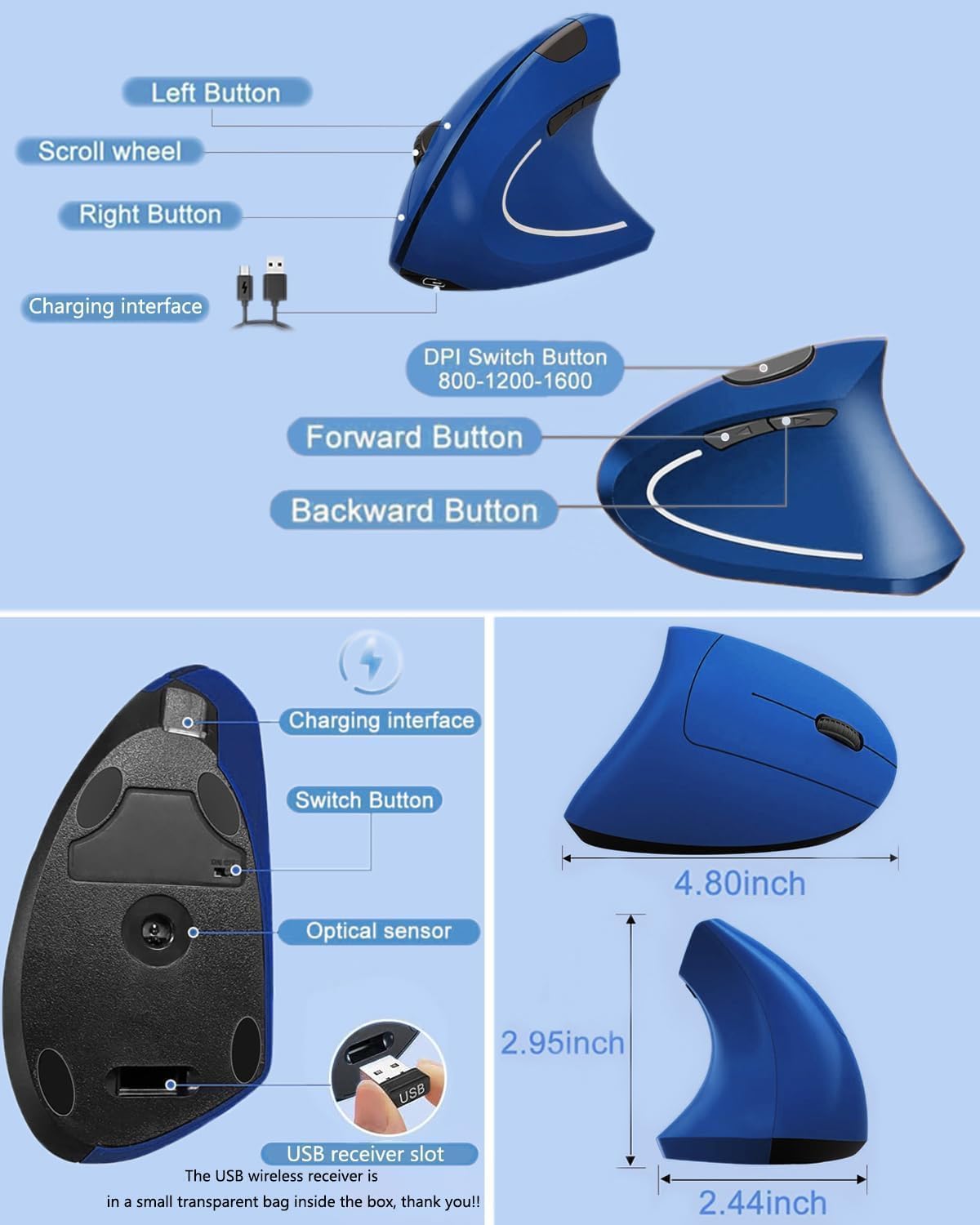 BeWishes 2.4GHz 3 800/1200/1600 Ergonomic Mouse Wireless, Rechargeable Mouse Silent for Carpal Tunnel Right Hand, USB