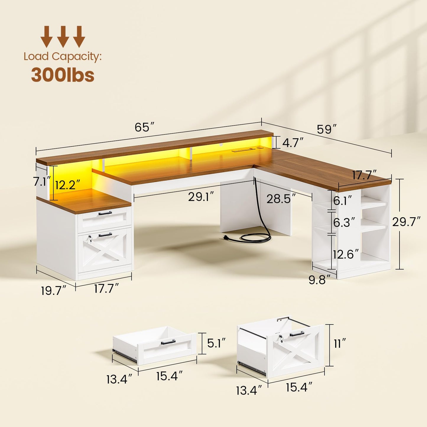 SEDETA L Shaped Desk with 2 Drawers, 65"x 59" Large Home Office Desk with Lockable File Drawer & Power Strip, Corner Desk with Storage & LED Strip, White + Brown
