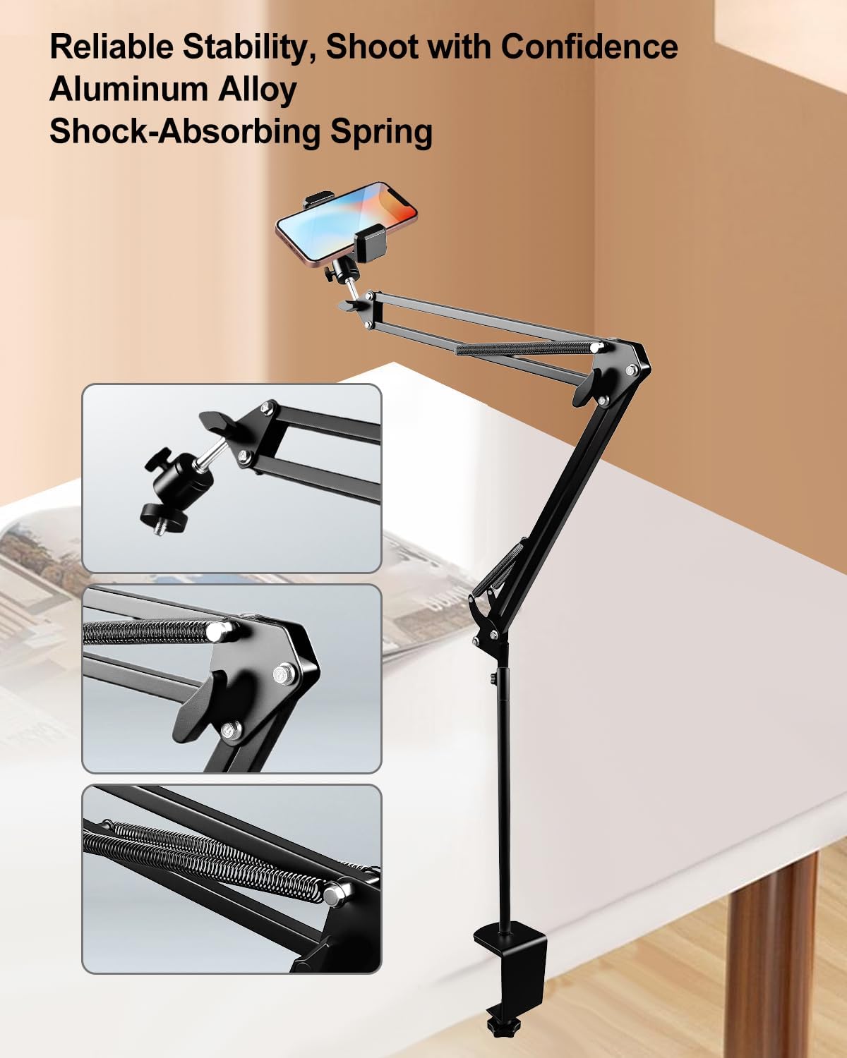 DYVBXS Overhead Phone Mount with Adjustable Arm and Desk Clamp, Camera Desk Mount Fit for DSLR iPhone Webcam Ring