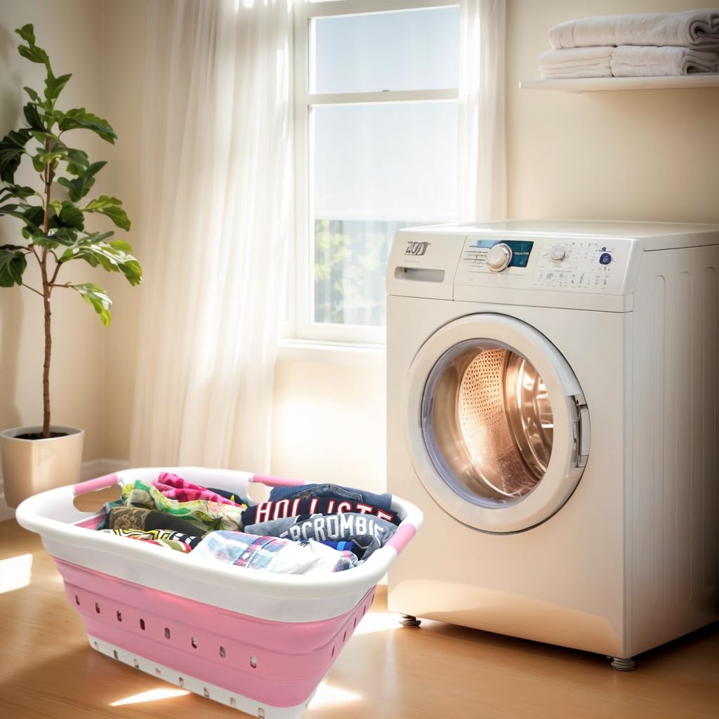 SAMMART 41L Collapsible 3 Handled Plastic Laundry Basket - Foldable Pop Up Storage Container/Organizer - Portable Basket - Space Saving Hamper/Basket (3 handled rectangular, White/Pink)