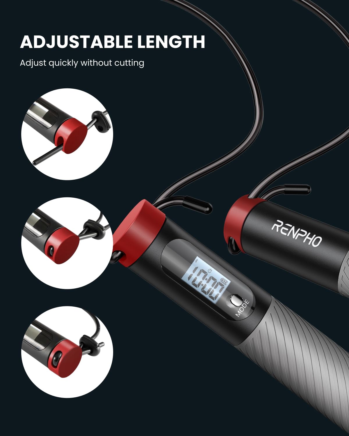 RENPHO Smart Skipping Rope with Counter, Adjustable Jump Ropes for Fitness, Skip Rope with APP Data Analysis, Workout Equipment for Women Men Adult Kids, Burn Calories, Gym, MMA, Grey