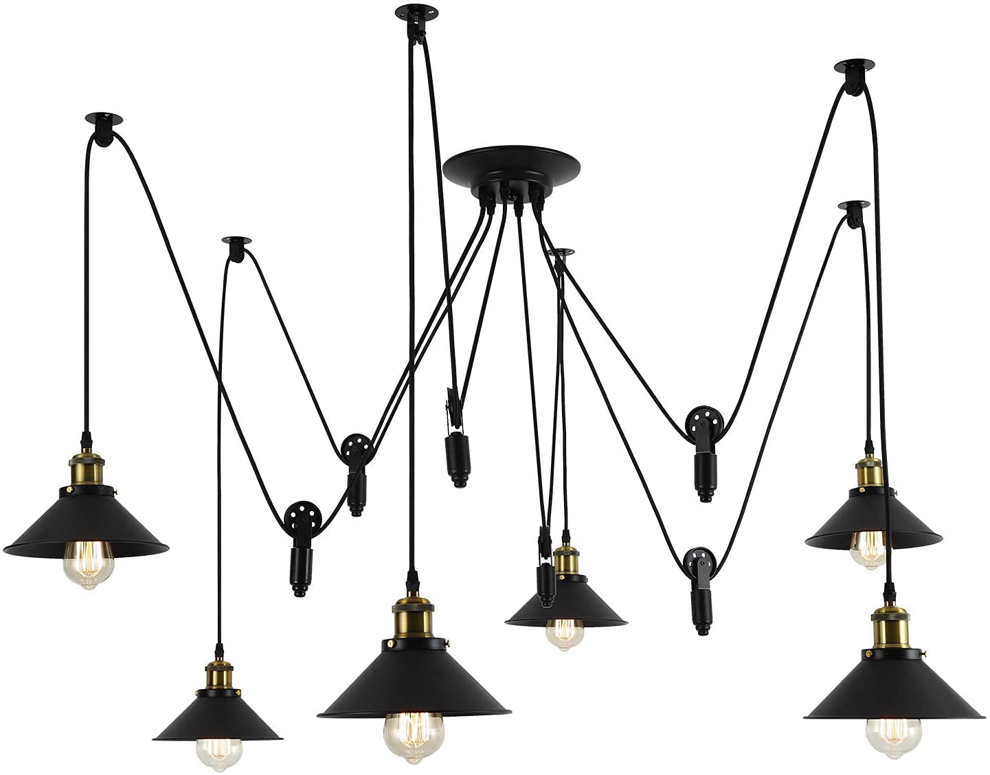 Pulley Pendant Light With 6 Lights, Adjustable DIY Industrial Vintage Rustic Chandelier Mount Ceiling Light Edison Rustic Chandelier,Hanging Pedant Lights Fixture for Dining Room,Warehouse,Farmhouse