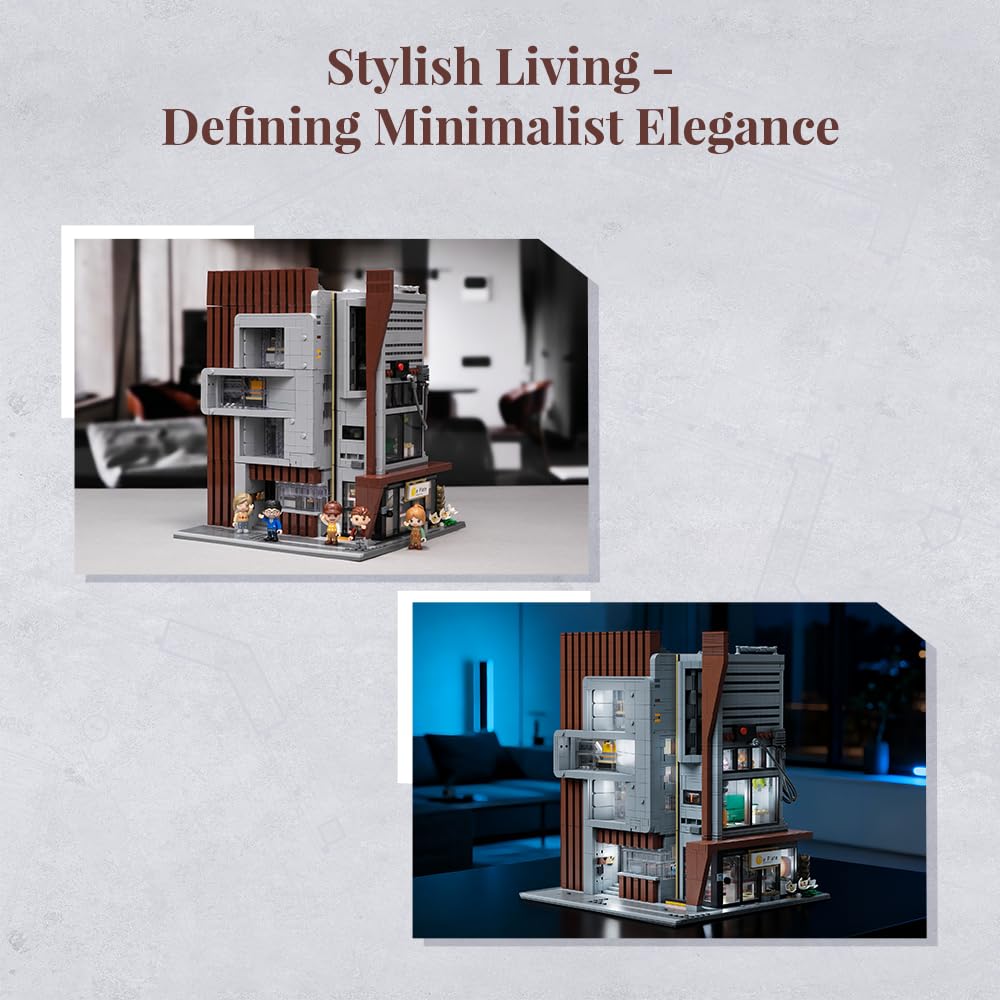 PANTASY Architecture Studio Building Set, Korean MOC Artist Ohsojang Collaboration, Modular 3-Story Modern Office with LED Lighting, Urban Street Scene Brick Model with 5 Minifigures
