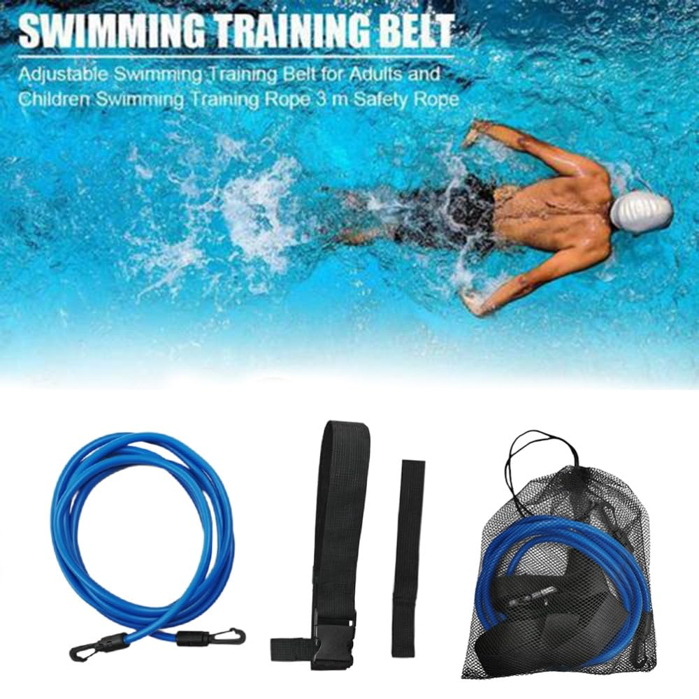 Chiffonade 3 Meter Elastic Swimming Tether Trainer Belt with Bungee Cord Adjustable 55cm-1.05m Waist Belt for Stationary Swim Training for Adult