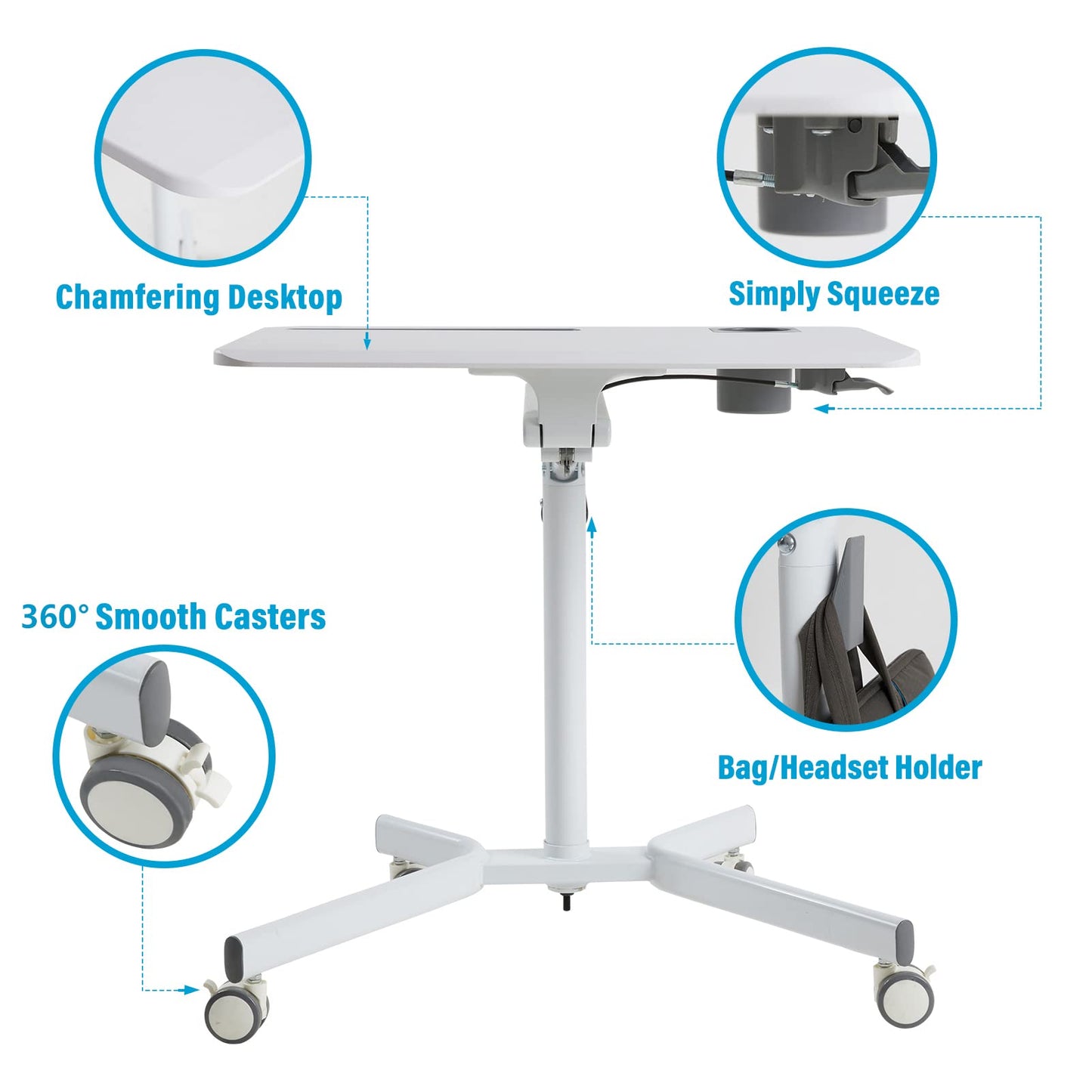 Lipo Mobile Sit Stand Desk - Height Adjustable Standing Laptop Desk Cart Rolling Couch Table on Wheels White Workstation with Gas Spring Riser for Home Office Classroom