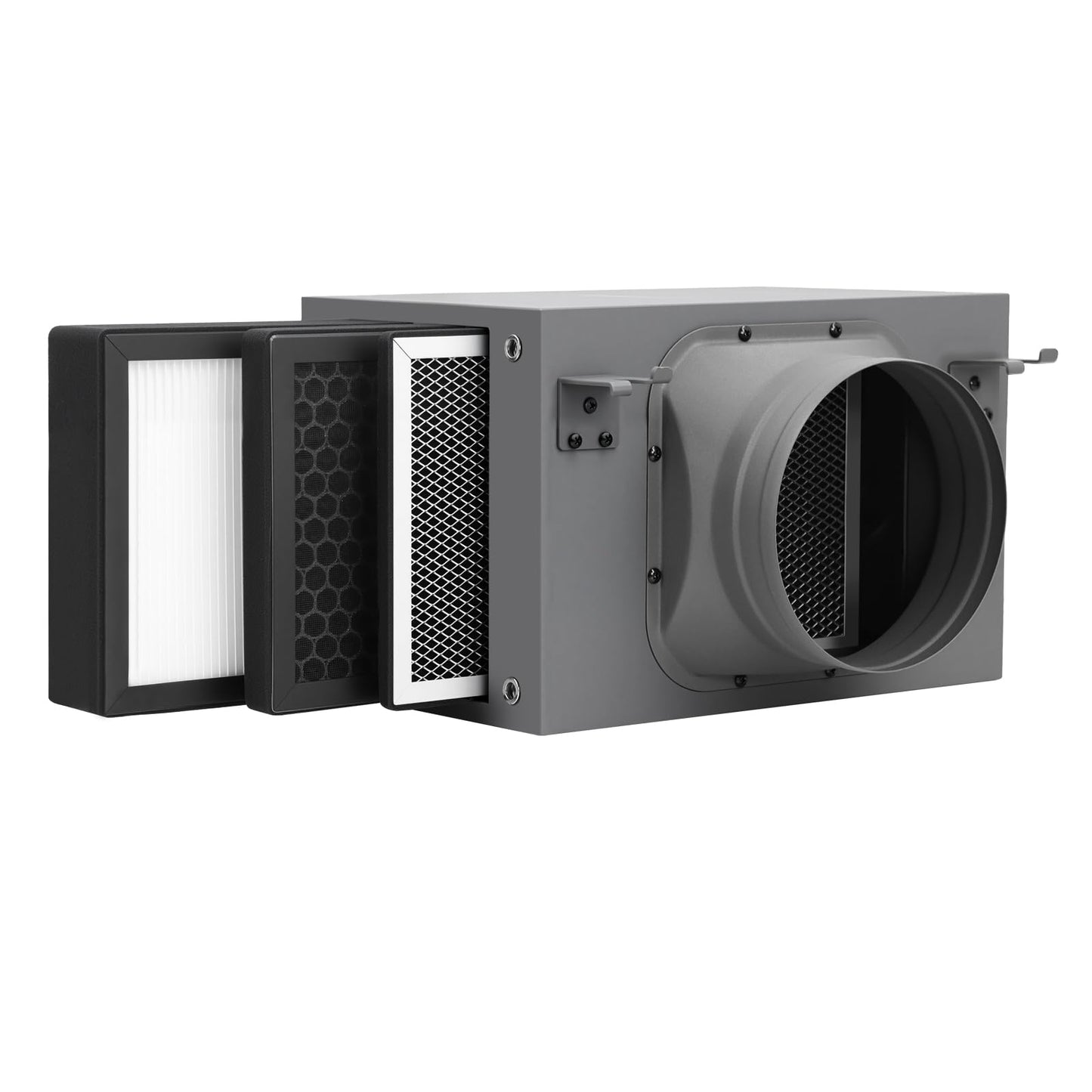 Air Filter Box 6 Inch, 3-Layer Purification Box with High Efficacy HEPA and Activated Carbon Filters, Fits 150mm Inline Duct Fans for Fresh Air Intake and Ventilation
