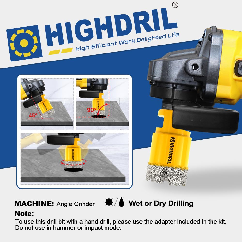 HIGHDRIL 13Pcs Diamond Hole Saw Kit - 1/4", 5/16", 3/8", 4/5", 1-3/8", 2", 4" Drill Bits with 2" Chamfer Bit, 4/5" Finger Bit, HEX Adapter & Saw Blades for Tile Porcelain Ceramic Granite Marble Stone