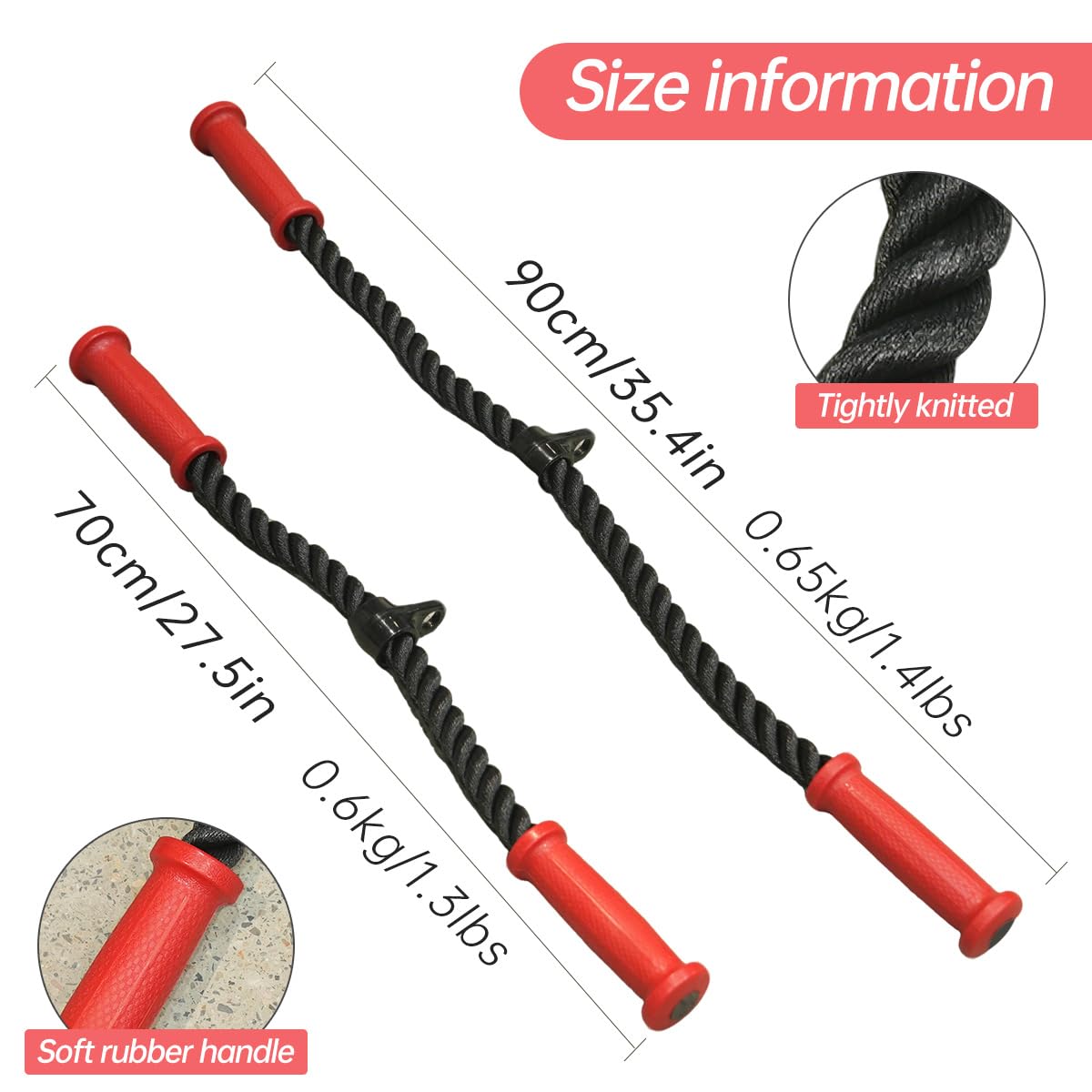 CYBEOE Ergonomic Tricep Rope, 27 Inch Red Grip Non-Slip Gym Rope Cable Attachment Wrist Relief Workout Rope Pull Down Attachment for Cable Machine (70cm)
