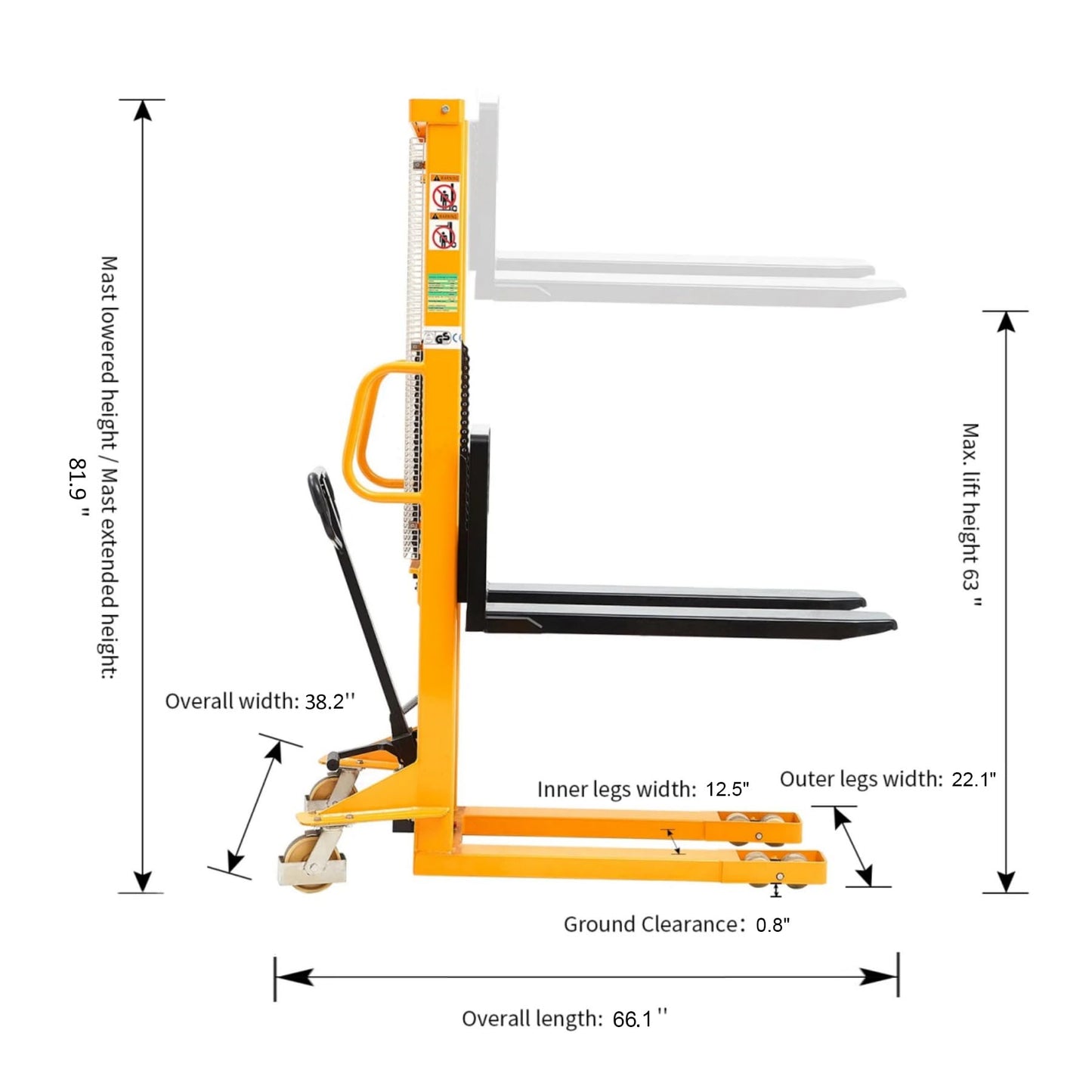 APOLLOLIFT 2 Pices Manual Stacker 2200lbs Capacity 63" Lift Height Pump Fixed Leg Lift Truck Pallet Stacker Suitable for Open Bottom Pallet