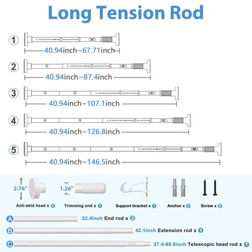 Long Tension Rod 39-144inch White Tension Curtain Rods no Drilling 1.26" Diameter Adjustable Outdoor Curtain Rod for Windows,Shower,Patio,Doorway,Heavy Duty Spring Rods