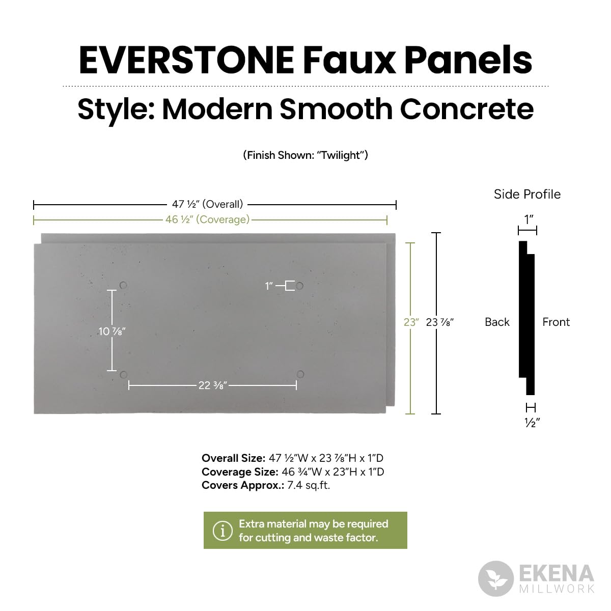EverStone Modern Smooth Faux Concrete Panel, 48 1/4"W x 24 1/8"H x 7/8"D, Mist Stone