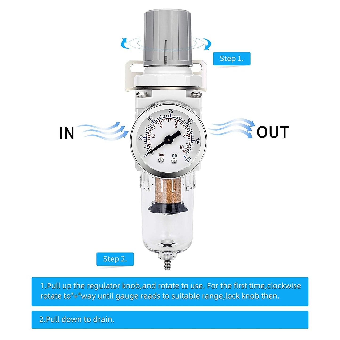 NANPU 1/4" NPT Compressed Air Filter Regulator Combo Piggyback, 5 Micron Brass Element, Poly Bowl, Semi-Auto Drain, Metal Bracket, 0-150 psi Gauge, Ball Valve