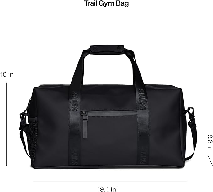 RAINS Trail Gym Bag - Black Waterproof Sports Duffel Bag for Men and Women with Shoulder Strap, Carry Handles and Mesh Pocket for Training or Travel - 2 Year Warranty