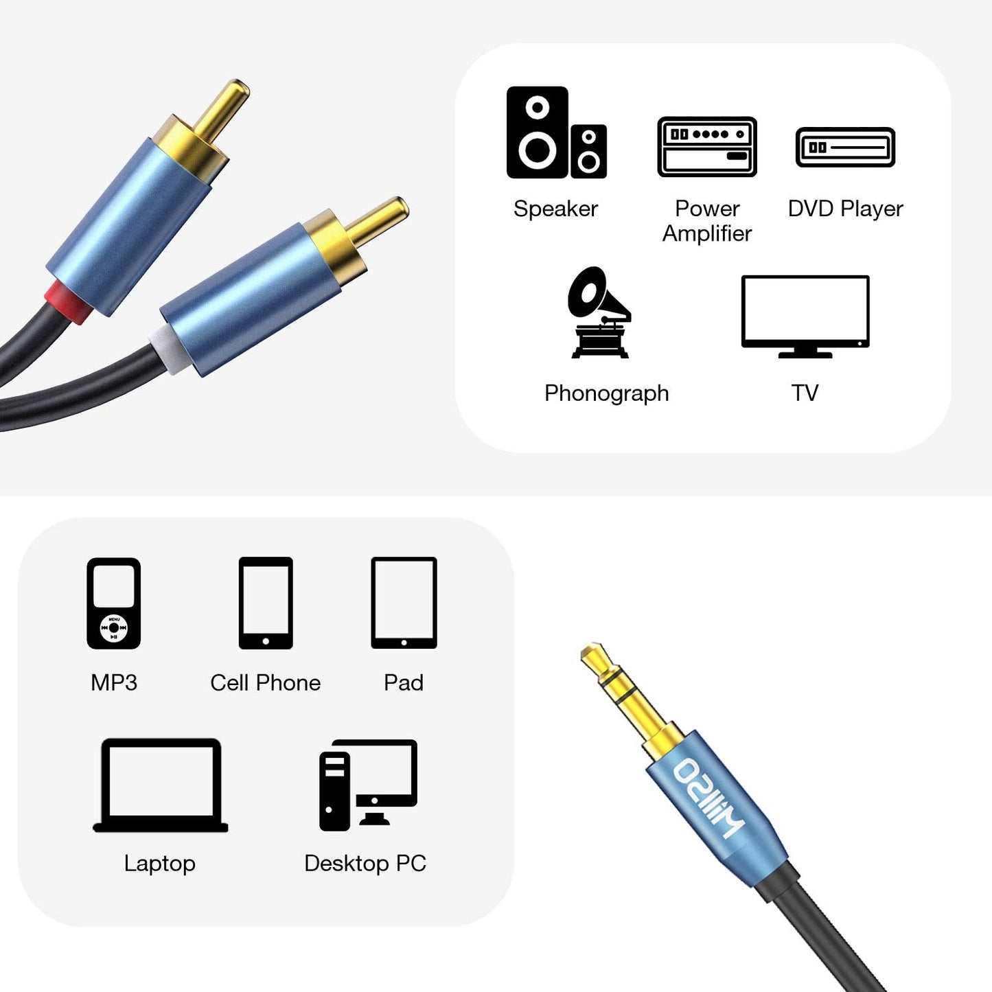 3.5mm (16 5 3.5mm 1/8 MP3 MillSO to RCA, FT / M) RCA to AUX Cable to RCA Male Premium Stereo Audio Cable for Connects a
