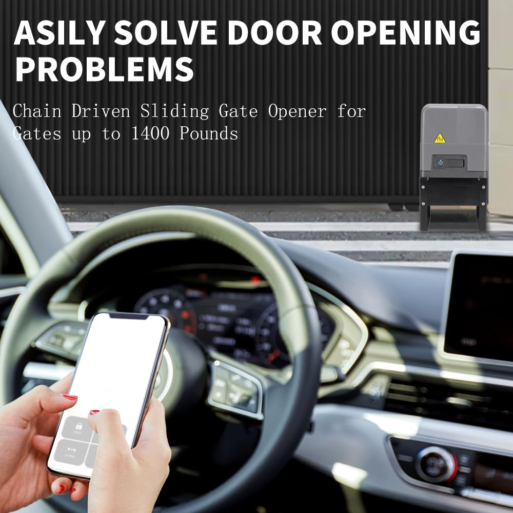 Sliding Gate Opener with WiFi App Control & 4 Remotes, Automatic Electric Gate Motor Complete Kit for Driveway Slide Gates Up to 1400lbs, Chain Driven Security System with Infrared Sensor, Auto Close